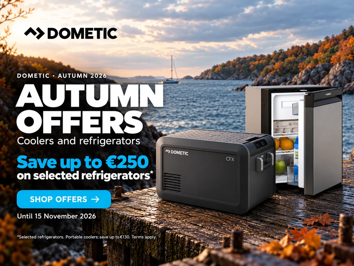 Dometic autumn offers: save up to €250 on selected refrigerators and up to €130 on selected portable coolers. Until 15 November 2026. View offers.