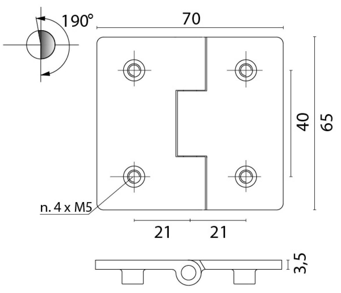Bisagra a ras de acero inoxidable 70x65mm