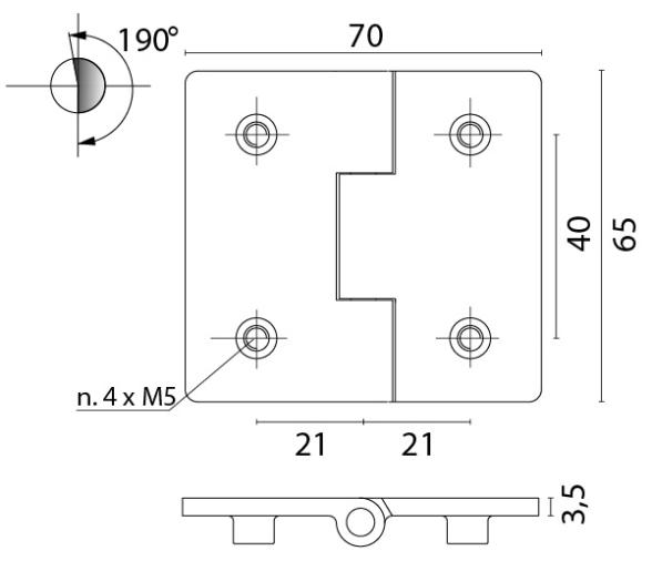 Bisagra a ras de acero inoxidable 70x65mm