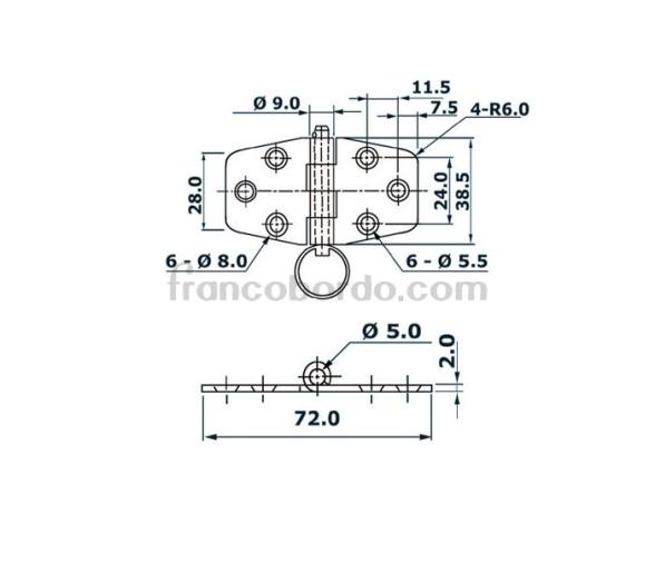 Bisagra en Acero Inox 72x38.5 mm