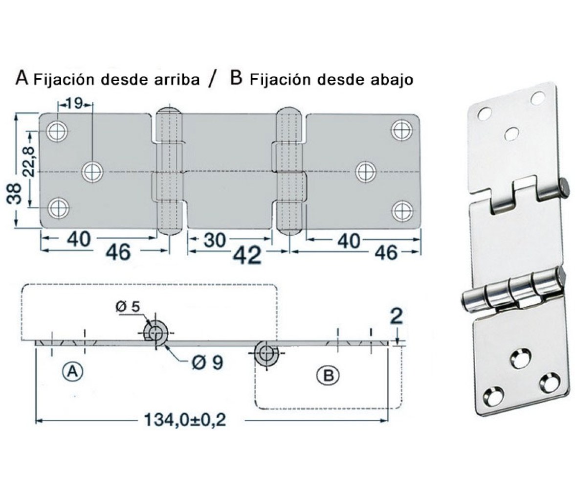 Bisagra Acero Inoxidable 134 x 38 mm con Desnivel