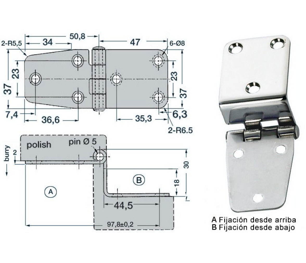 Bisagra Acero Inoxidable 97,8 x 37 mm con Desnivel