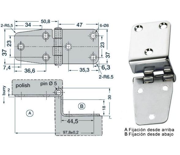 Bisagra Acero Inoxidable 97,8 x 37 mm con Desnivel