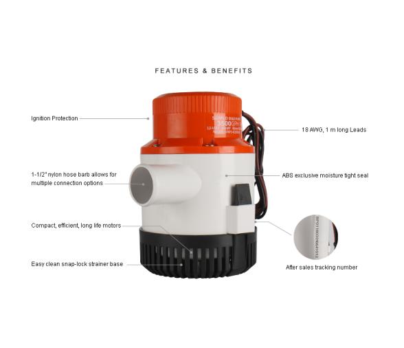 Bomba de Achique Sumergible 3500 GPH 24V