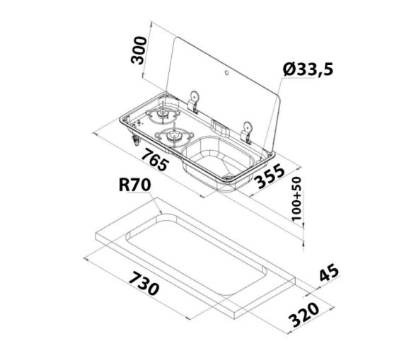 Can Fregadero y Cocina Empotrable 2 fuegos FL1770-Vasca DX