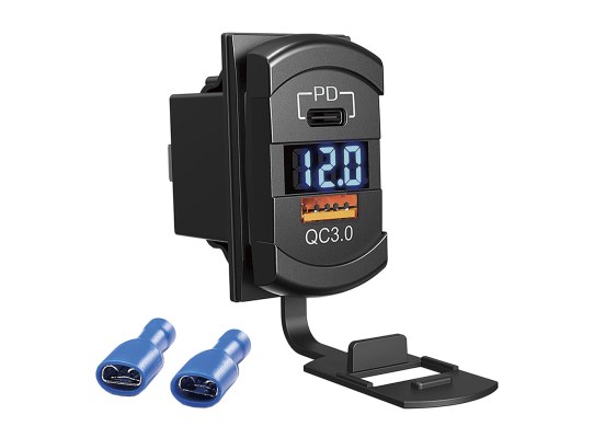 Cargador de Panel USB Doble Tipo C – 12-24VDC con Voltímetro