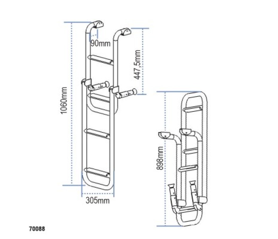 Escalera plegable, 1+2 Peldaños, Inox316, 90º, L810xA280mm