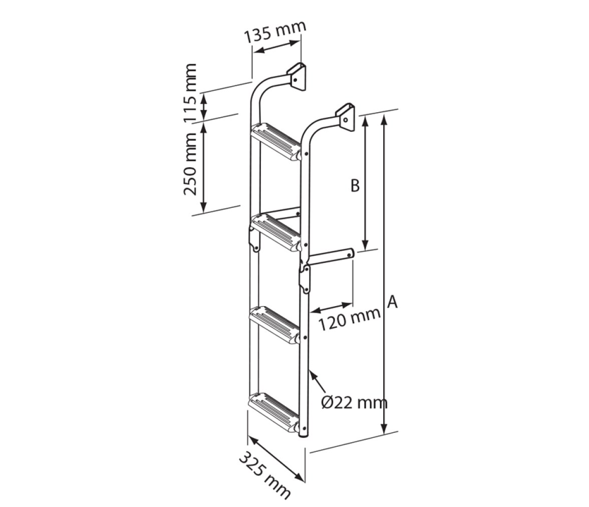 Escalera plegable de Proa, 1+2 Peldaños, Inox 316, 90º, L650xA325mm