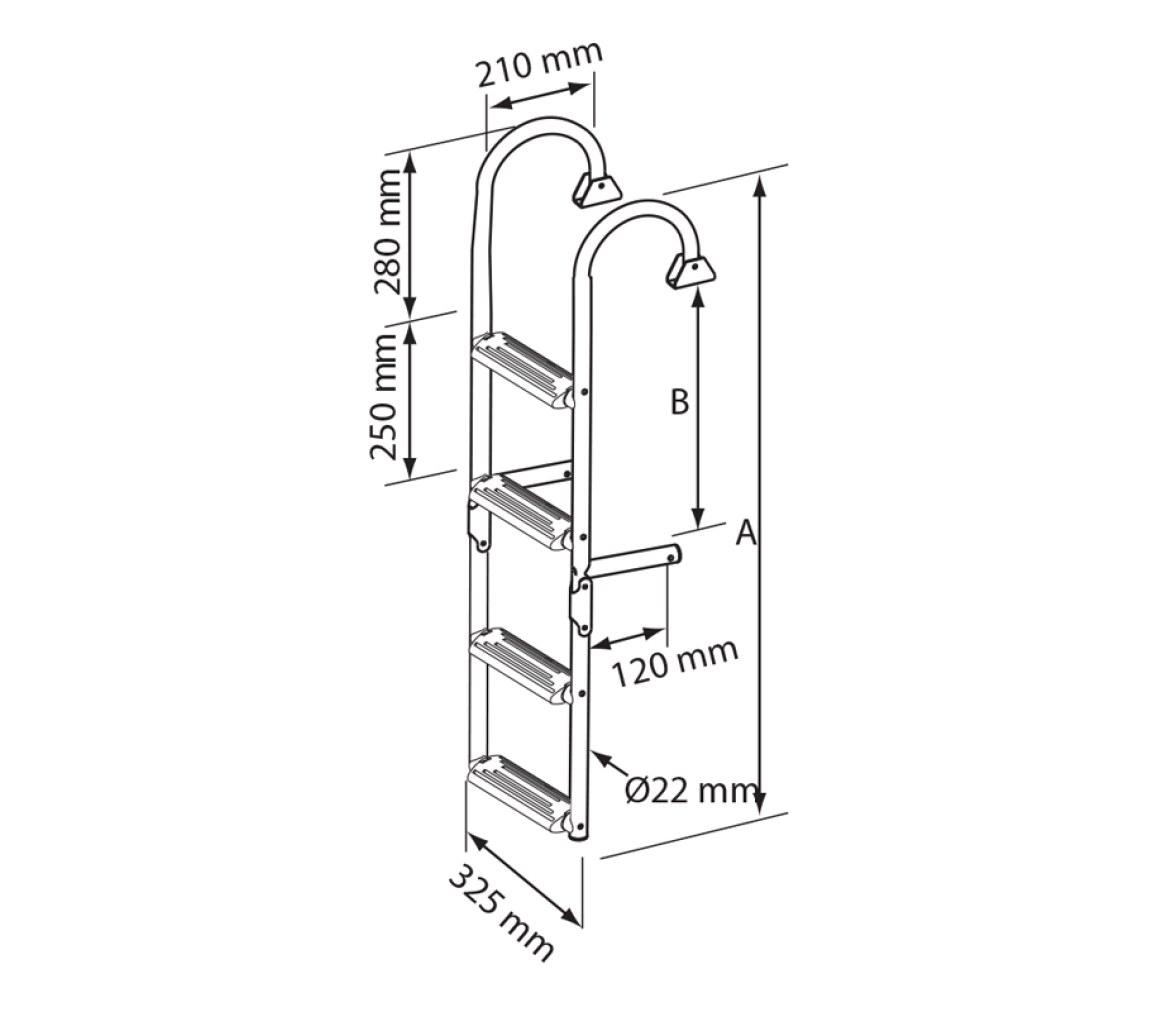 Escalera plegable de Proa, 2+2 Peldaños, Inox 316, 180º, L1050xA325mm