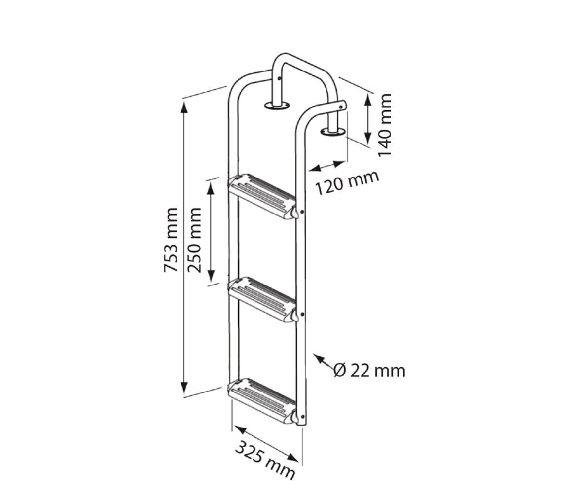 Escalera plegable de Proa, 3 Peldaños, Inox 316, 90º-180º, L735xA325mm