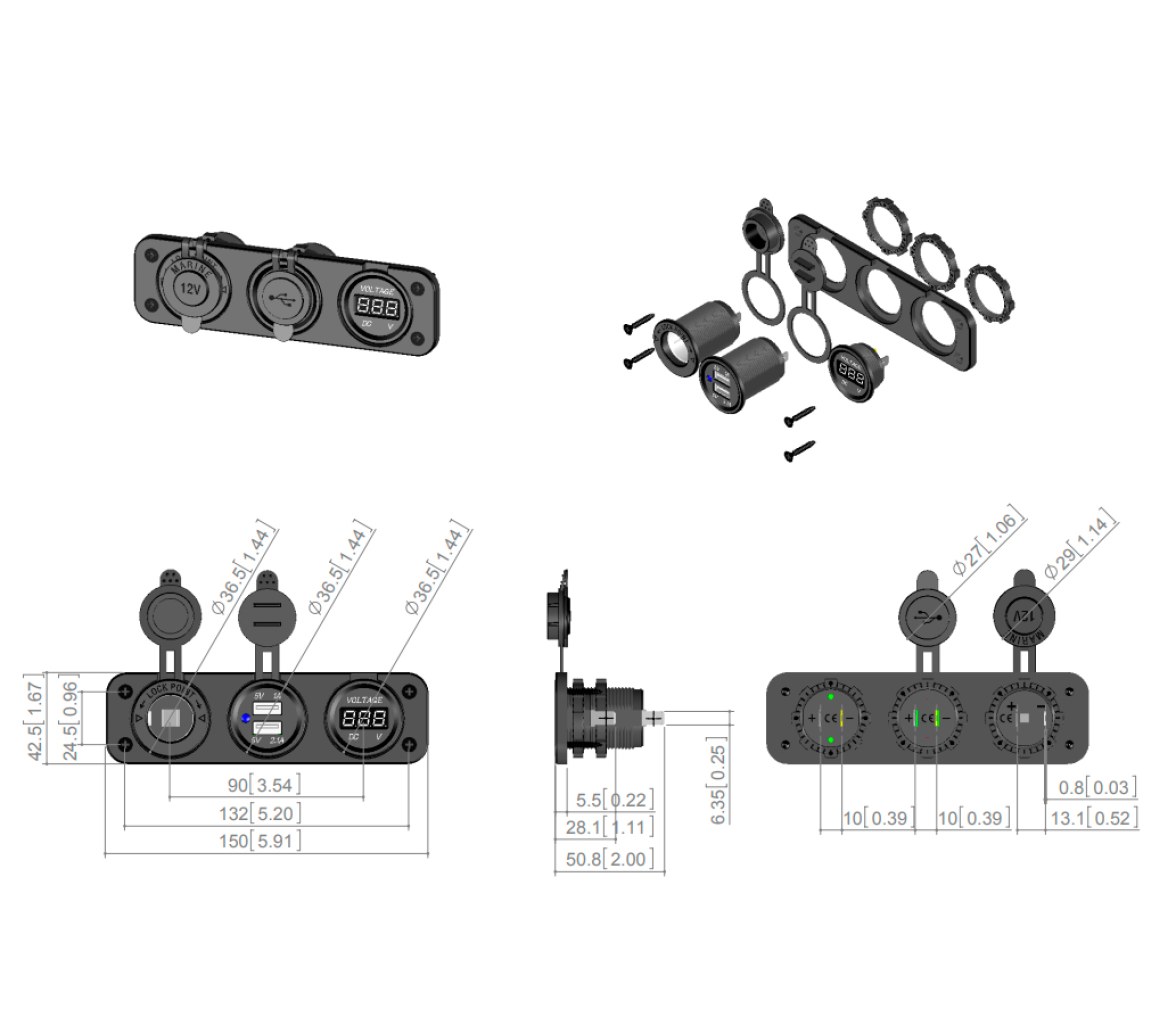 Voltimetro Digital con Conectores USB y Mechero 4.8A