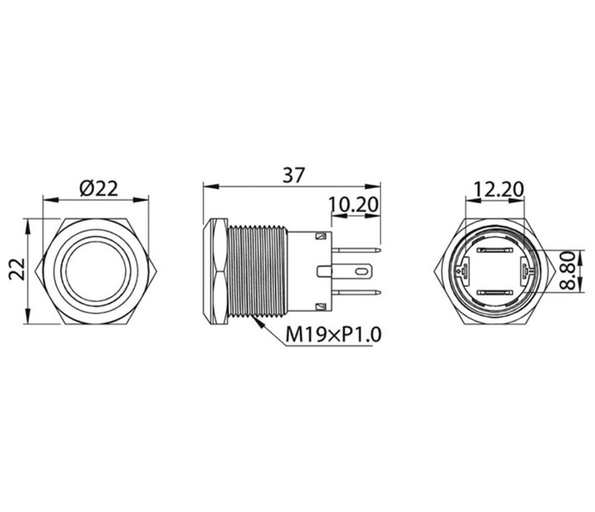 Interruptor Plano Acero Inox. 12V ON-OFF