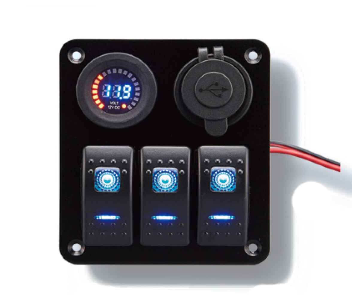 Panel 3 Interruptores con Voltímetro y Doble USB