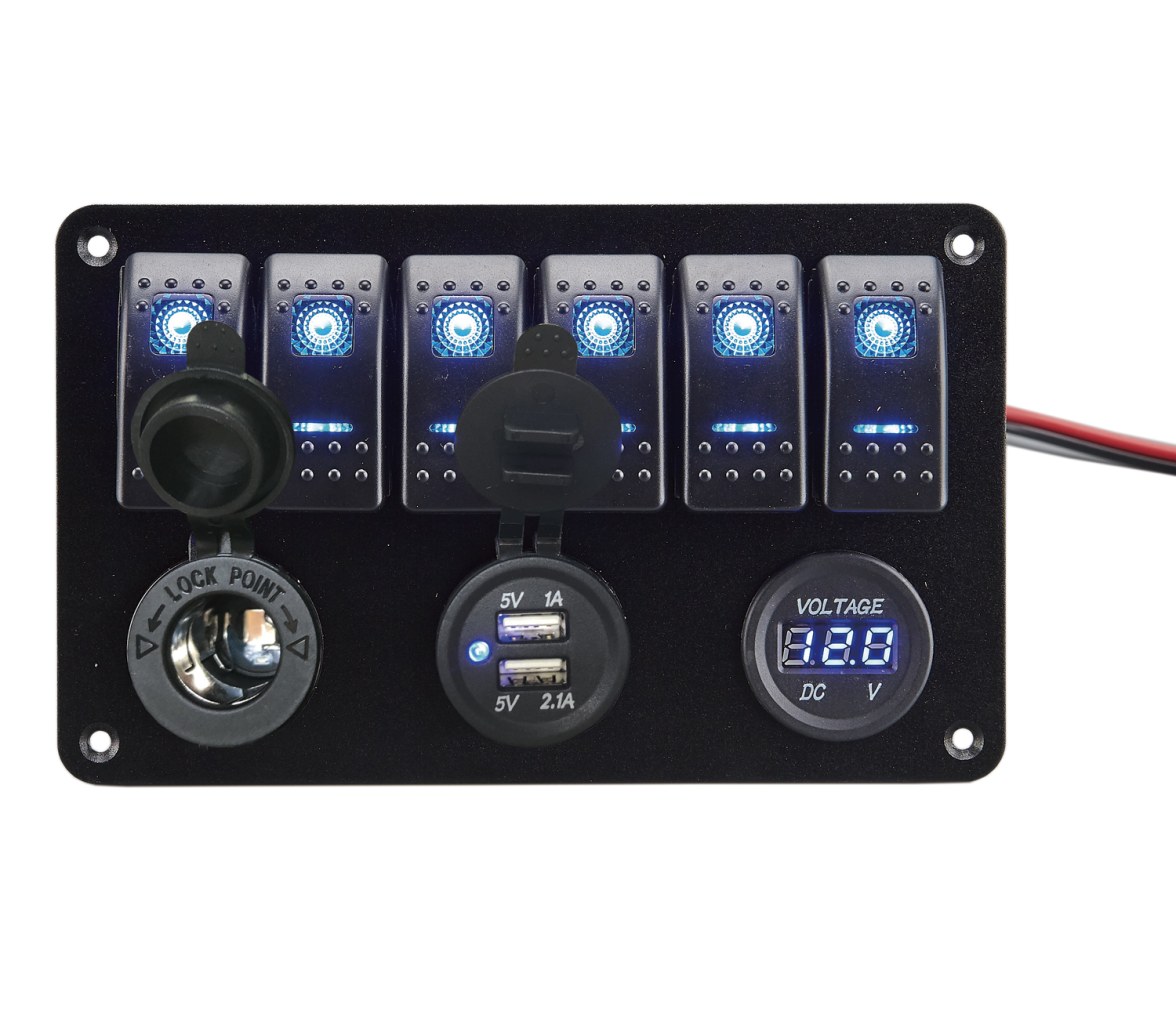 Panel 6 Interruptores con Voltímetro conectores USB y 12V
