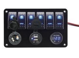 Panel 6 Interruptores con Voltímetro conectores USB y 12V