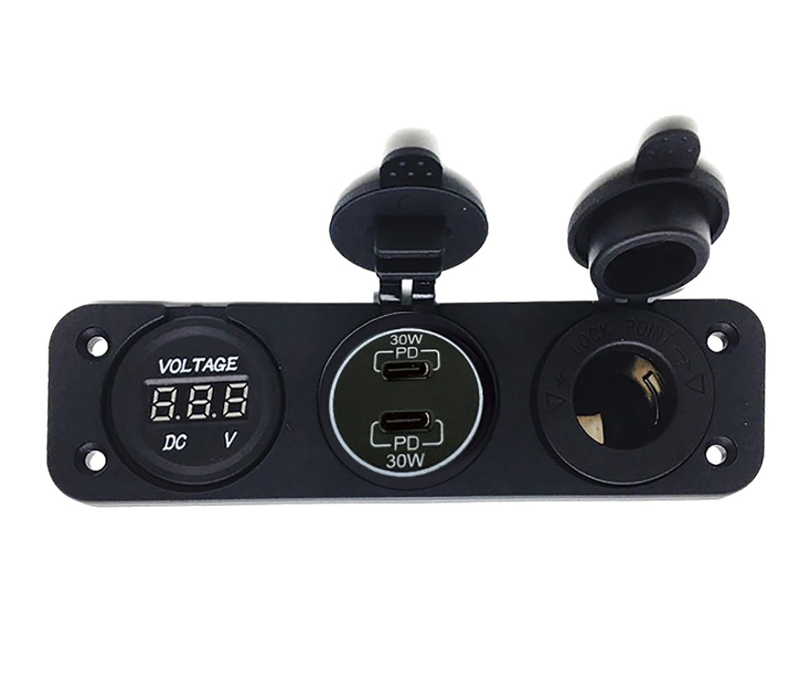 Panel Cargador USB Doble Tipo C – Voltímetro y Toma 12V