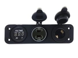 Panel Cargador USB Doble Tipo C – Voltímetro y Toma 12V