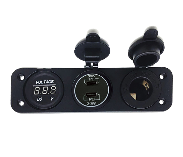 Panel Cargador USB Doble Tipo C – Voltímetro y Toma 12V