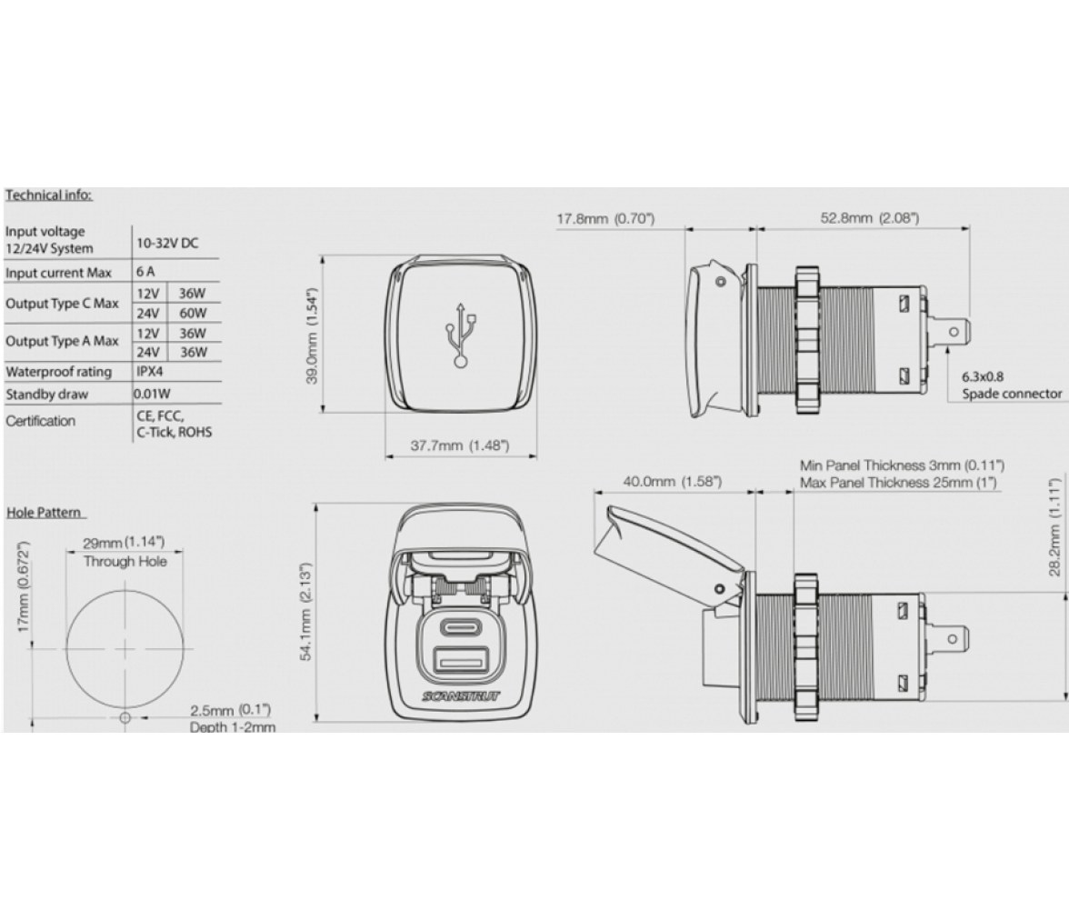 SCANSTRUT Conectores estancos Flip Pro USB-A y USB-C