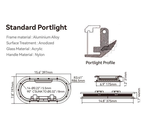 Seaflo Portillo Oval Marco de Aluminio -397x197mm