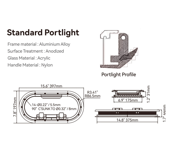 Seaflo Portillo Oval Marco de Aluminio -397x197mm