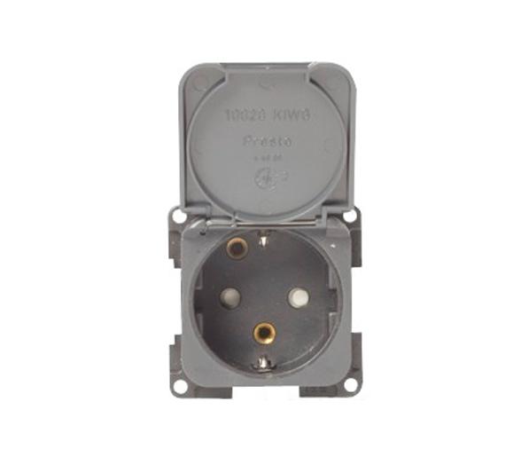 Enchufe bipolar con toma de tierra, tapa y protección trasera