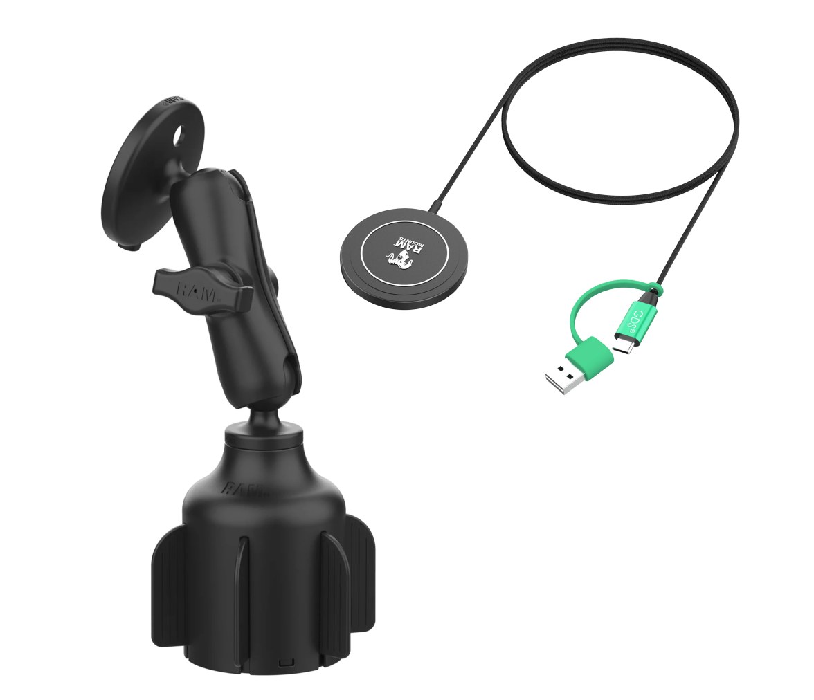 Soporte de portavasos RAM Stubby con cargador inalámbrico RAM Qi2 de 15W