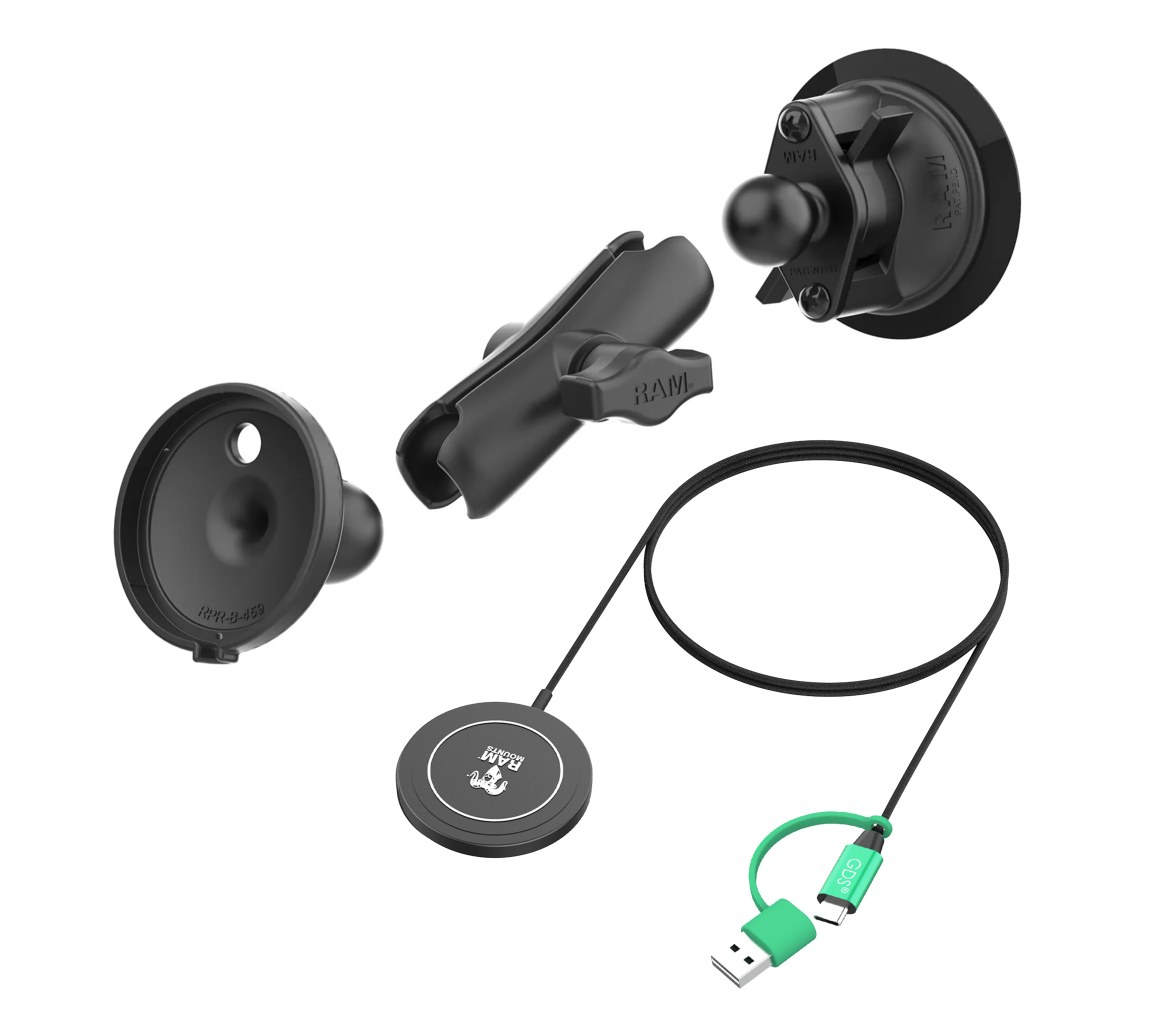 Soporte de ventosa RAM Twist-Lock con cargador inalámbrico RAM Qi2 de 15W
