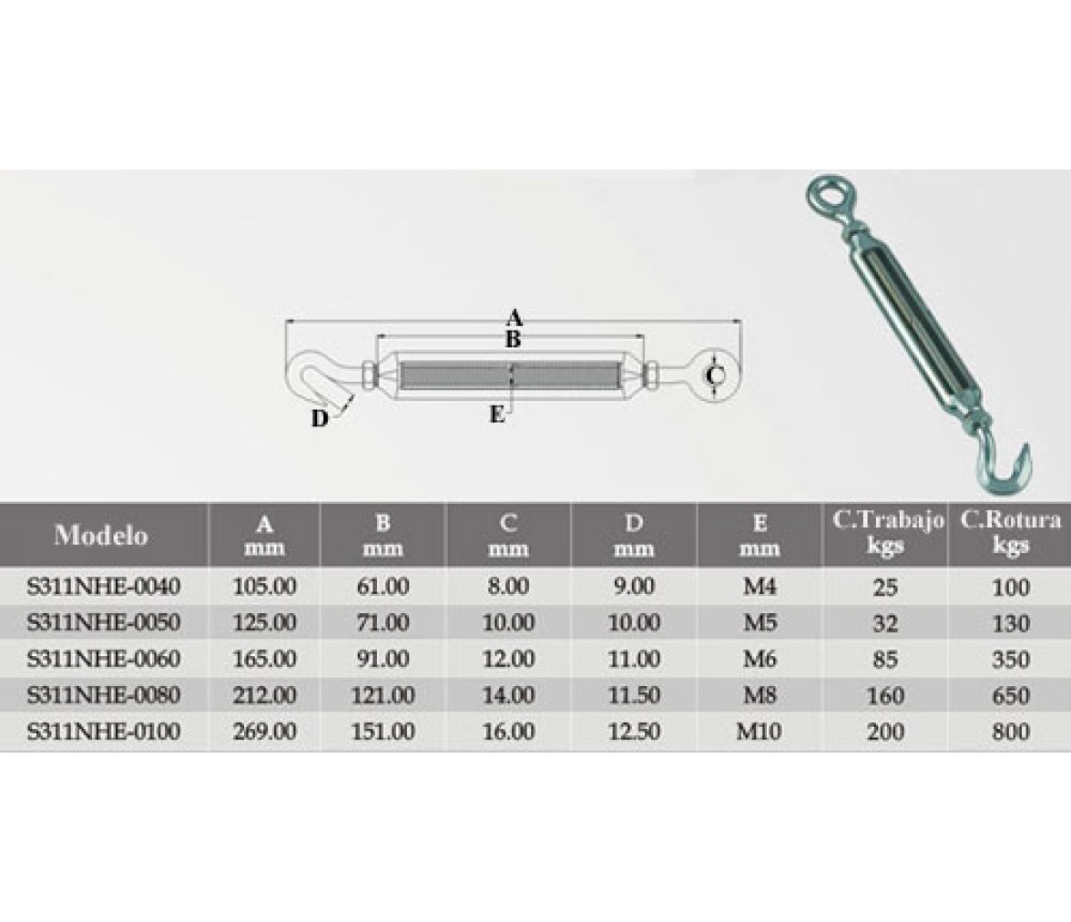 Tensor con Gancho y Anilla Inox 316 Vinox