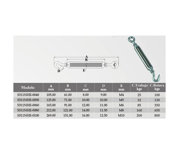 Tensor con Gancho y Anilla Inox 316 Vinox