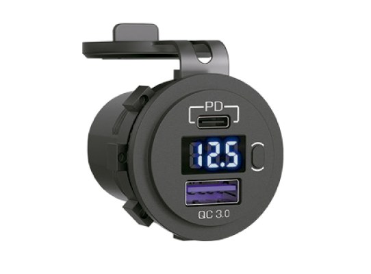 Circular USB-C 3.0 + USB-A 3.0 + Volt Meter