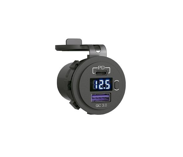 Enchufe USB-C 3.0 + USB-A 3.0 + Voltímetro Redondo