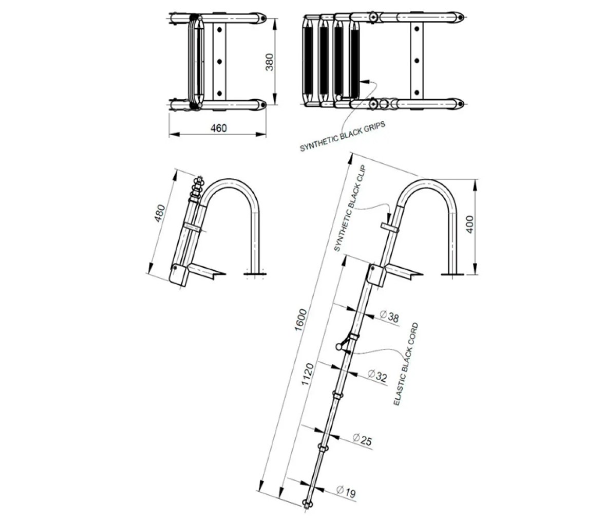 Vetus Escalera telescópica 4 peldaños, lujoso agarre