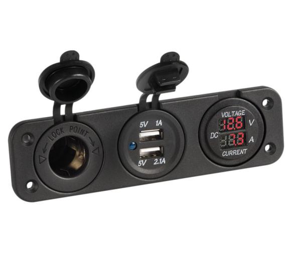 Voltimetro y Amperimetro con Toma 12V y Doble USB Empotrable